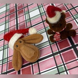 Vintage Fuzzy Moose & Teddy Bear Pin-Back Set Retro Christmas Style Gift Set